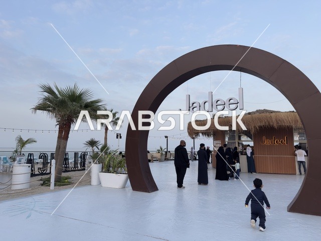 Unique family atmosphere, the entrance of Jadil Café in Bahar Takiya in the Eastern Province of Dammam on December 24, 2025, Kingdom of Saudi Arabia, various entertainment shows and activities, a marine tourism and entertainment destination, upscale restaurants and cafes.