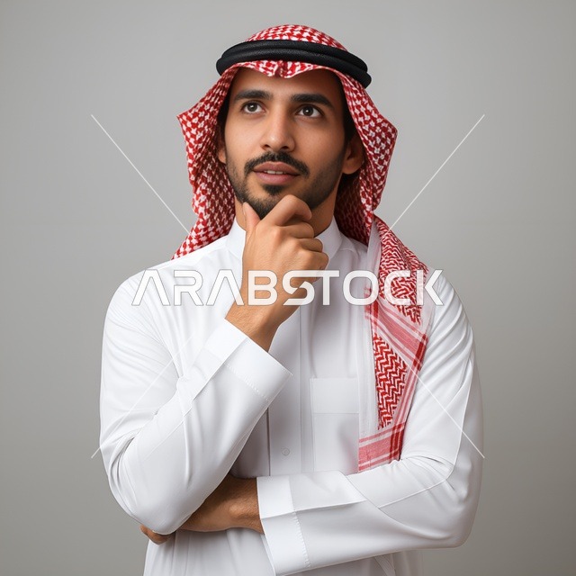 Looking at something with gestures of joy and happiness, a close-up portrait of a Saudi Arabian Gulf man wearing traditional Saudi attire, the concept of caring about external appearance, gray background.