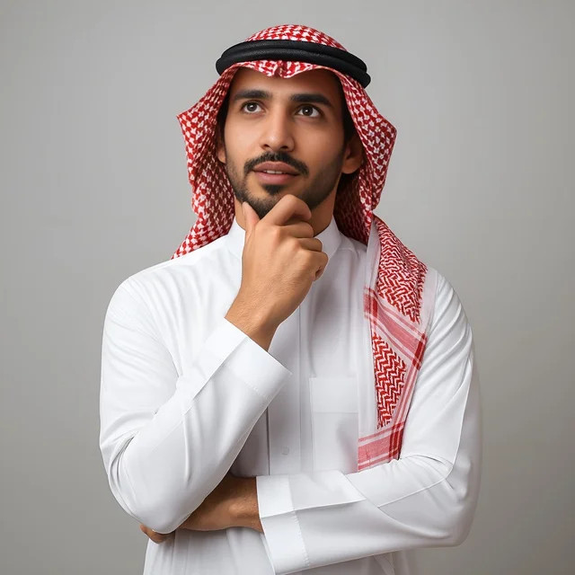 Looking at something with gestures of joy and happiness, a close-up portrait of a Saudi Arabian Gulf man wearing traditional Saudi attire, the concept of caring about external appearance, gray background.
