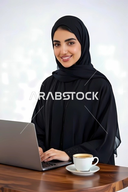 مفهوم العمل عن بعد, استخدام جهاز تقني حديث ومتطور، بورتريه لامرأة عربية خليجية سعودية محجبة ترتدي العباءة السوداء تعمل على جهاز الحاسوب المحمول وبجانبها كوب قهوة, انجاز المهام والأعمال, خلفية بيضاء