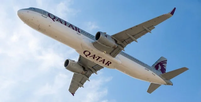 Air transport means, exploration and surveillance aircraft, Qatari transport lines, travel and tourism in the State of Qatar and around the world, an airplane flying in the sky of Doha.