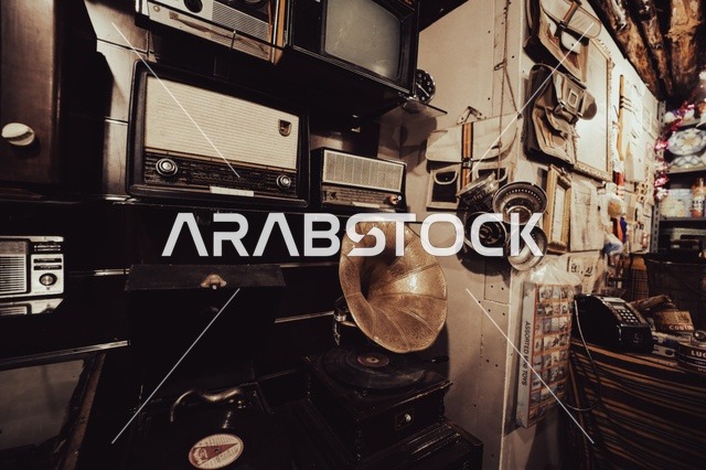 Ancient musical instruments in the Museum of Al-Masmak Historical Palace in Riyadh, Saudi Arabia, historical landmarks of Riyadh, the heritage Al-Masmak Palace, ancient architecture, archaeological tourist sites in Saudi Arabia.