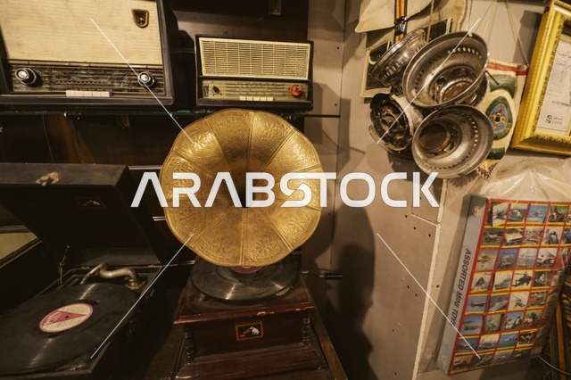 Ancient musical instruments in the Museum of Al-Masmak Historical Palace in Riyadh, Saudi Arabia, historical landmarks of Riyadh, the heritage Al-Masmak Palace, ancient architecture, archaeological tourist sites in Saudi Arabia.