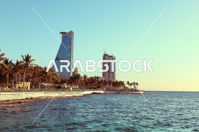 كورنيش جدة ، صورة جوية الواجهة البحرية لمدينة جدة بالمملكة العربية السعودية ، واجهة جدة البحرية ، الابراج وناطحات السحاب ، معالم جدة السياحية الشهيرة ، برج المقر الرئيسي للأعمال التجارية بجدة