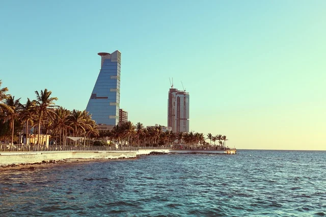 Jeddah Corniche, aerial view of the waterfront of the city of Jeddah in the Kingdom of Saudi Arabia, Jeddah waterfront, towers and skyscrapers, famous tourist landmarks of Jeddah, the headquarters tower for business in Jeddah.