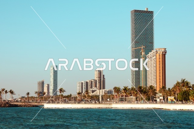 الواجهة البحرية لمدينة جدة بالمملكة العربية السعودية ، واجهة جدة البحرية ، الابراج وناطحات السحاب ، معالم جدة السياحية الشهيرة ، برج المقر الرئيسي للأعمال التجارية بجدة