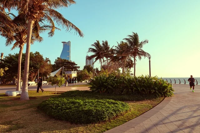 Jeddah Corniche, aerial view of the waterfront of the city of Jeddah in the Kingdom of Saudi Arabia, Jeddah waterfront, towers and skyscrapers, famous tourist landmarks of Jeddah, the headquarters tower for business in Jeddah.