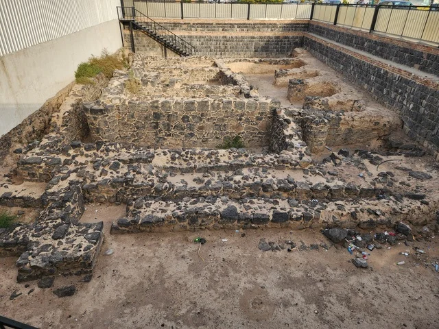 The first Friday held after the migration, exposed stone foundations at an excavation site, Kingdom of Saudi Arabia, Medina, Friday Mosque, one of the most prominent historical landmarks associated with the prophetic biography, was completely rebuilt and expanded during the reign of King Fahd.