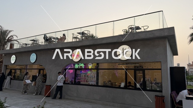 A coffee shop and restaurant at the event "You and I, O Ramadan" in Jeddah, Saudi Arabia, on February 1, 2026, a social and cultural Ramadan experience, interactive activities and Ramadan shows, family sessions and spiritual atmospheres, entertainment events inspired by the spirit of the holy month, warm atmospheres that enhance the values of sharing and celebrating Ramadan.