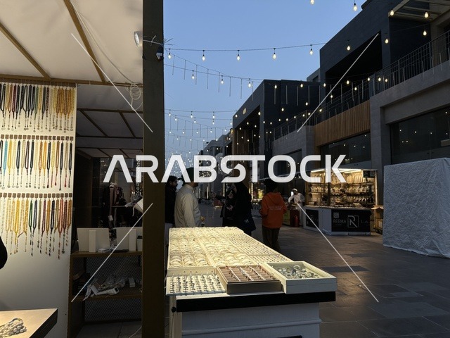 An accessories exhibition at the event "You and I, O Ramadan" in the city of Jeddah, Kingdom of Saudi Arabia, on February 1, 2026, a social and cultural Ramadan experience, interactive activities and Ramadan shows, family sessions and spiritual atmospheres, entertainment events inspired by the spirit of the holy month, warm atmospheres that enhance the values of sharing and celebrating Ramadan.