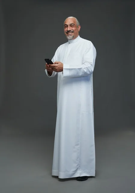 An elderly Arab Saudi Gulf man wearing a white thobe and holding a mobile phone, making various gestures and signals, full body, gray background.