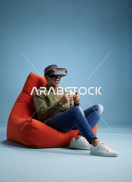 Man Using VR Headset in Beanbag Chair