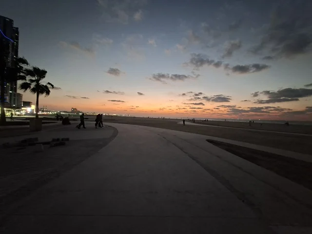 Coastal Promenade at Sunset with City Skyline
