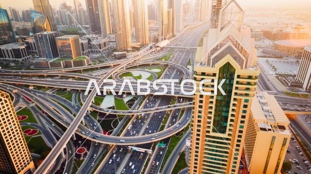 Dubai Highway Interchange Aerial View at Golden Hour