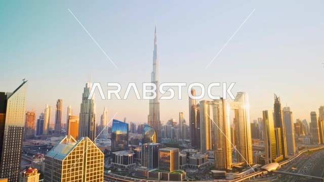 Burj Khalifa Dubai Skyline at Golden Hour Sunrise