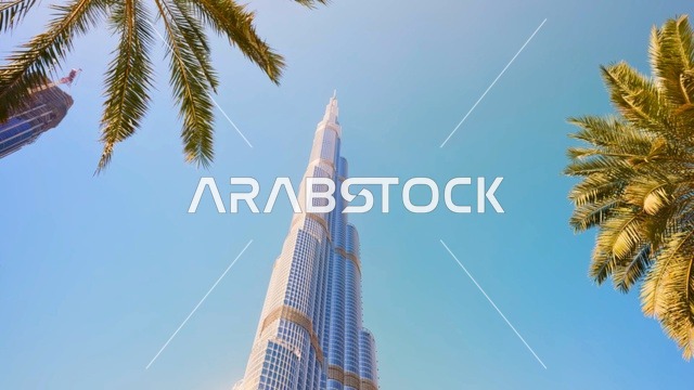 Burj Khalifa Dubai Low Angle Perspective with Palm Trees