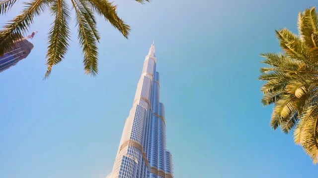 Burj Khalifa Dubai Low Angle Perspective with Palm Trees