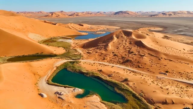 إطلالة جوية ساحرة لبحيرات أم الحيش وسط الكثبان الرملية العالية في صحراء الربع الخالي. إطلالة جوية ساحرة لبحيرات أم الحيش وسط الكثبان الرملية العالية في صحراء الربع الخالي.