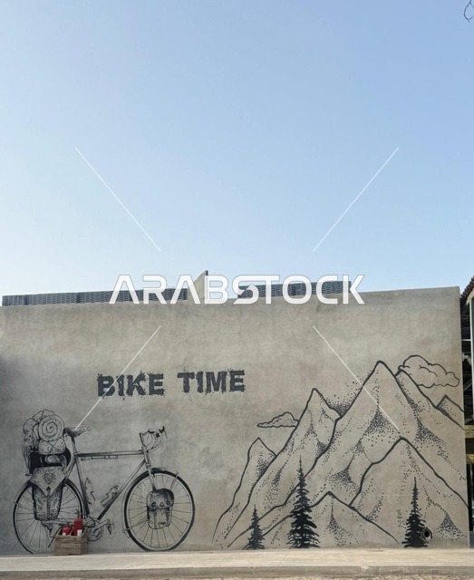 جدارية دراجة هوائية وجبال على جدار في دبي