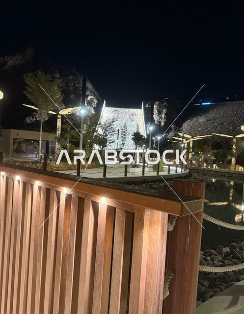 Wooden Bridge at Hatta Dam Dubai Night Illumination
