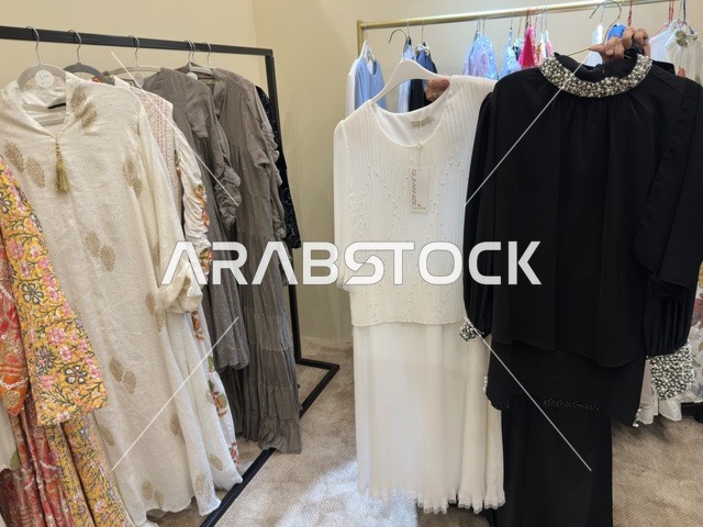 Traditional dresses and abayas at the Ramadan Souk event at Al-Qusaybi Hotel in the Eastern Province, a heritage Ramadan event that brings together the atmosphere of the holy month, traditional shops, local products, Ramadan foods, handicrafts, and traditional gifts, in a warm cultural and social experience that reflects the spirit of Ramadan and Saudi authenticity within an upscale hotel environment.
