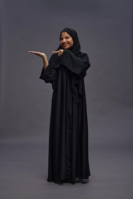 Saudi Woman in Black Abaya Presenting on Grey Background