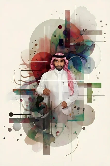 رجل سعودي بالزي التقليدي مع فن رقمي تجريدي