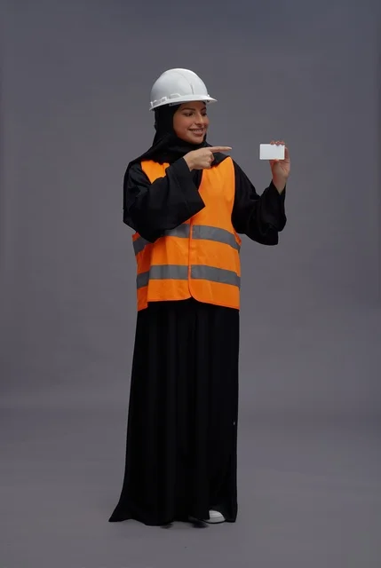 Saudi Female Engineer Holding Blank Business Card