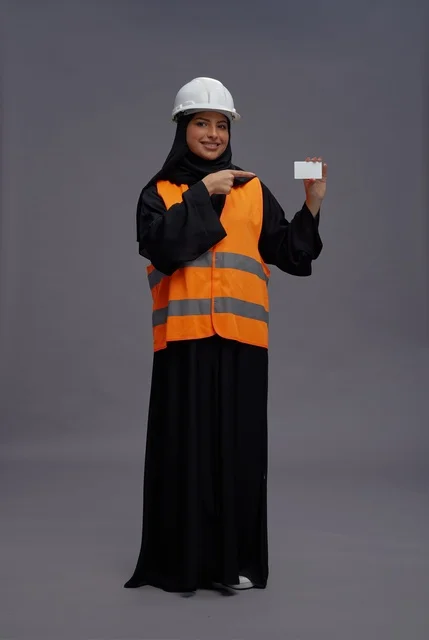Saudi Female Engineer Holding Blank Business Card