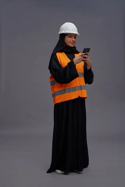 Saudi Female Engineer in Safety Vest Using Smartphone