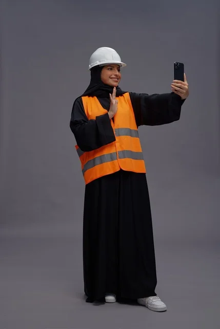 Saudi Female Engineer in Safety Gear Taking Selfie