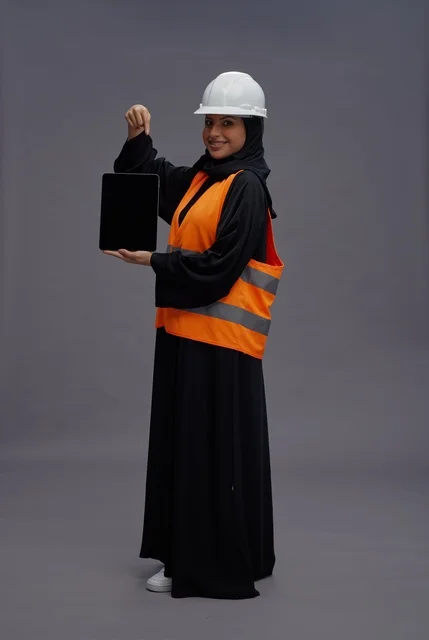 مهندسة سعودية تحمل جهاز لوحي في الاستوديو