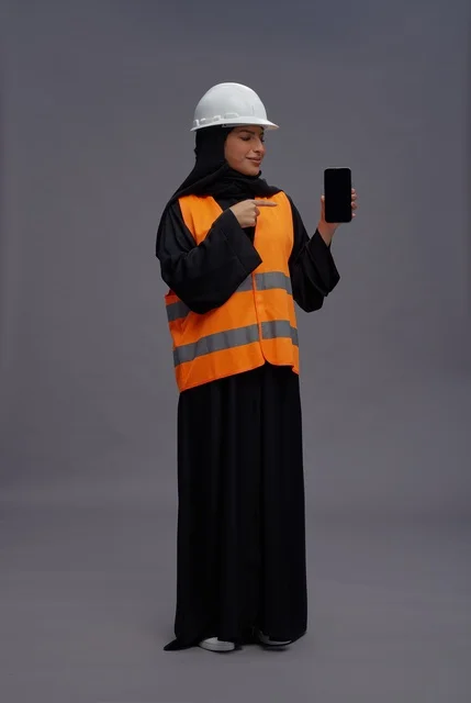 مهندسة عربية تحمل هاتف ذكي بشاشة فارغة مهندسة عربية تحمل هاتف ذكي بشاشة فارغة