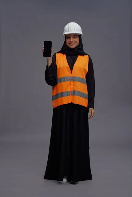 مهندسة سعودية تحمل هاتفاً ذكياً بشاشة فارغة