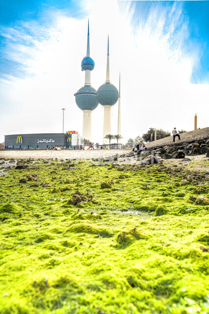 Aesthetic image of the three Kuwait towers located on the coast of the Arabian Gulf in Kuwait City, famous tourist attractions in the State of Kuwait, tourist places in Kuwait, architectural art in Kuwait