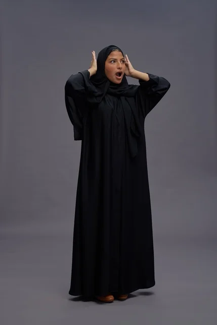 Saudi Woman in Black Abaya Surprised Studio Expression