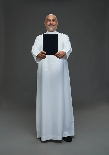 رجل سعودي مسن يحمل جهازا لوحيا رقميا خلفية رمادية