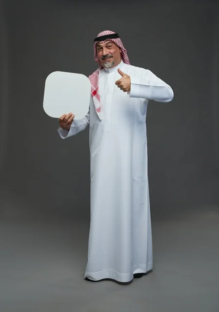 Elderly Saudi Man Holding Blank White Sign Board Thumbs Up