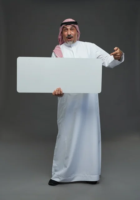 Elderly Saudi Man Holding Blank Signboard with Surprise