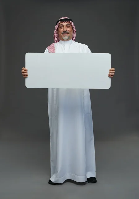 رجل سعودي مسن يحمل لوحة إعلانية بيضاء فارغة