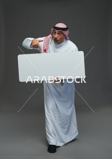 Elderly Saudi Man Holding Blank White Billboard Sign