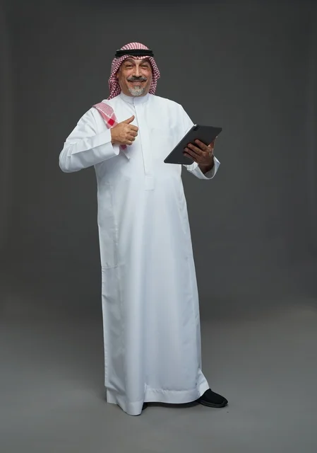 Senior Saudi Man with Tablet Giving Thumbs Up in Studio