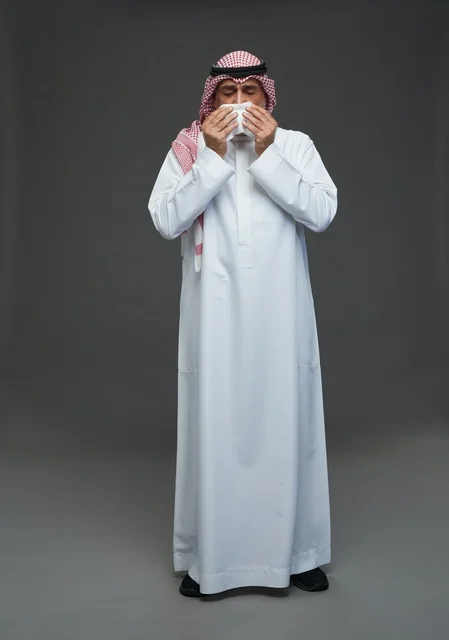 Elderly Saudi Man Sneezing into Tissue Studio Portrait