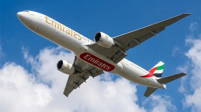 Emirates Airline Airplane Flying in Blue Sky