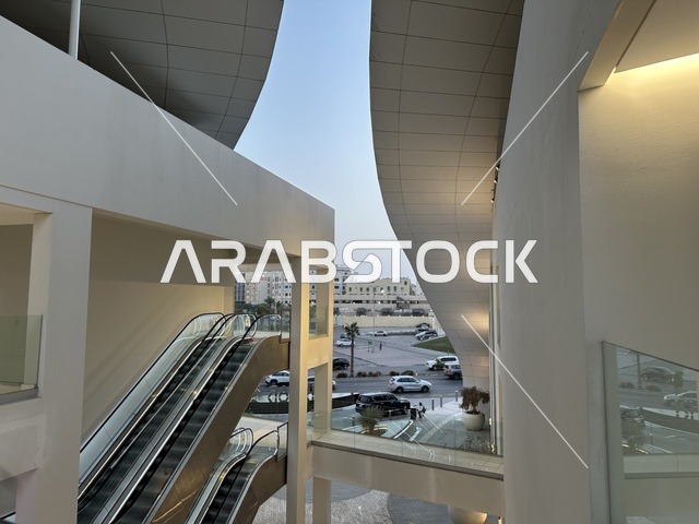 Modern White Architecture with Escalators Urban View