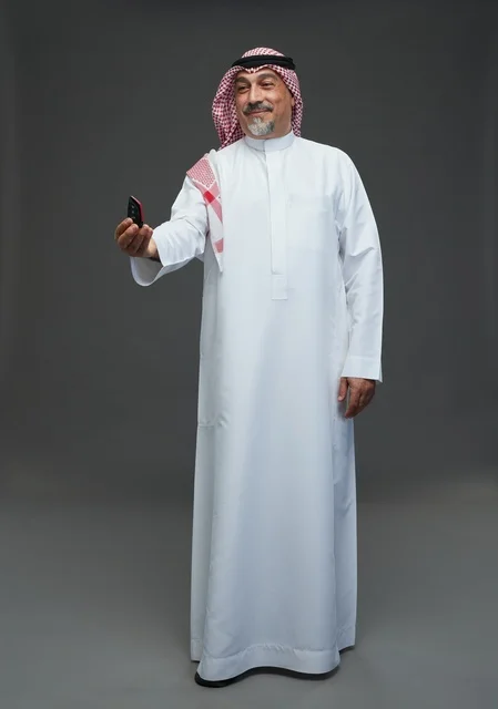 Saudi Man in Traditional Thobe Holding Car Key Remote