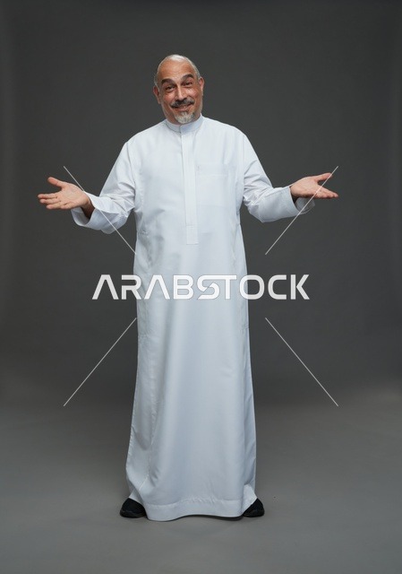 Smiling Arab Man in White Thobe Welcoming Gesture