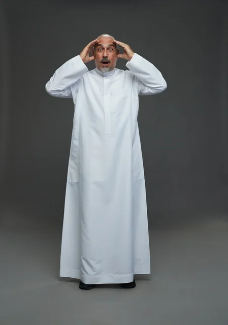 رجل عربي مصدوم بالثوب الأبيض تصوير استوديو