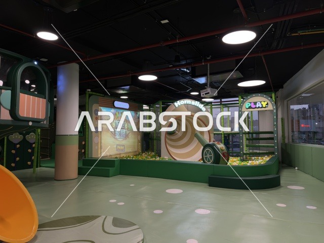 منطقة ألعاب أطفال داخلية حديثة مع حوض كرات ومنزلقات