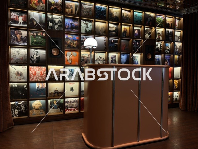 Backlit Vinyl Record Wall Behind Reception Desk Music Lounge